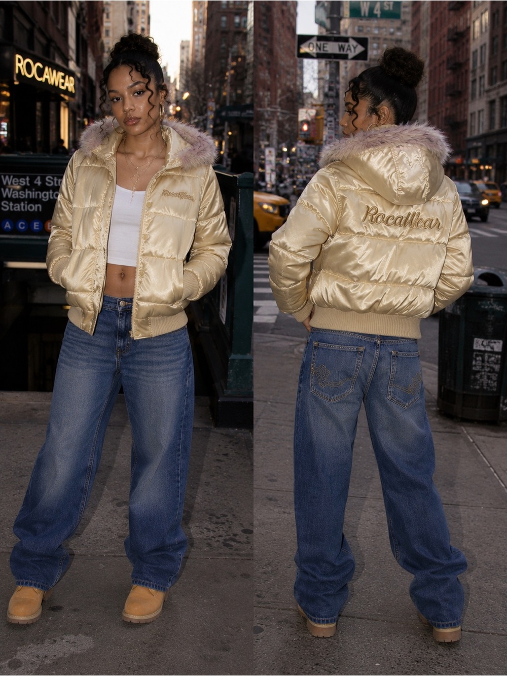 Vintage 90's Y2K RocaWear Gold Shiny Down Puffer Coat Jacket Fur Hood Medium